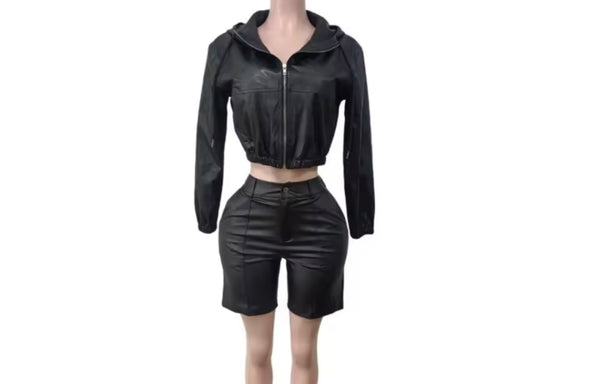 Women Fashion Hooded Zip Up Faux Leather Two Piece Short Set