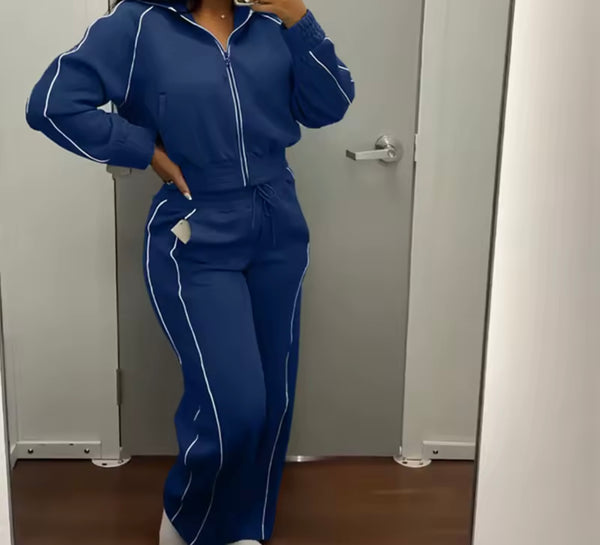 Women Fashion Striped Zip Up Tracksuit Two Piece Pant Set