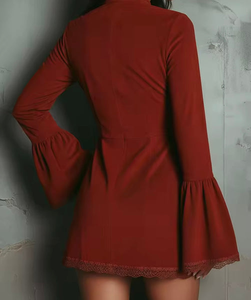 Women Suede Floral Zip Up Full Sleeve Fashion Dress