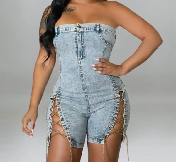 Women Sexy Strapless Chain Lace Up Denim Romper