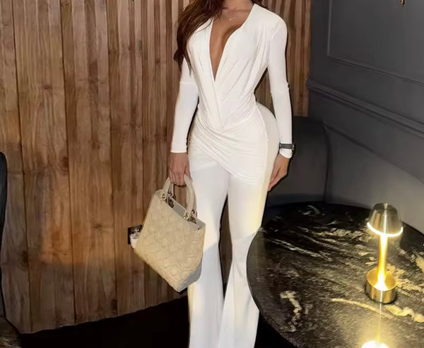 Women Sexy Solid Color V-Neck Full Sleeve Ruched Jumpsuit