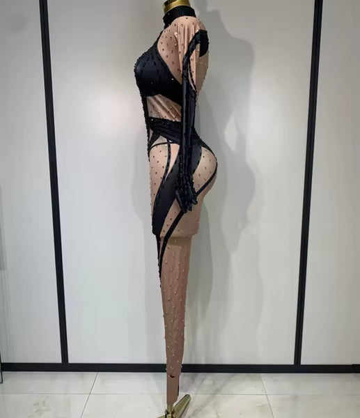 Women Rhinestone Color Patchwork Mesh Full Sleeve Jumpsuit