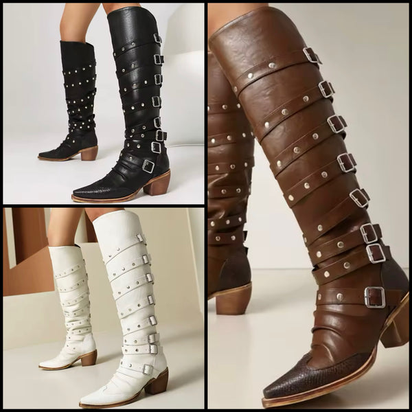 Women Fashion Color Buckled Knee High Western Boots