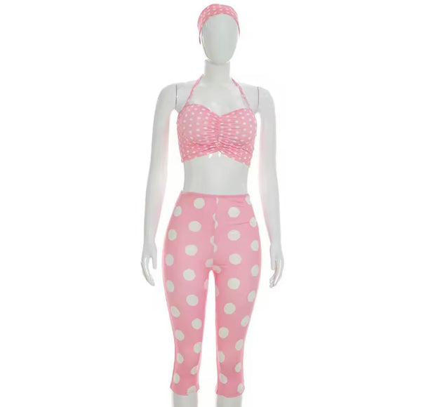 Women Sexy Pink Polka Dot Halter Sleeveless Three Piece Capri Pant Set