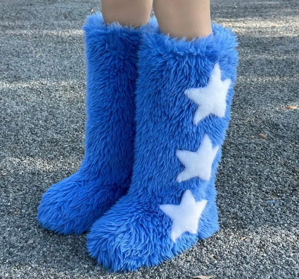 Women Fluffy Fashion Star Print Faux Fur Boots