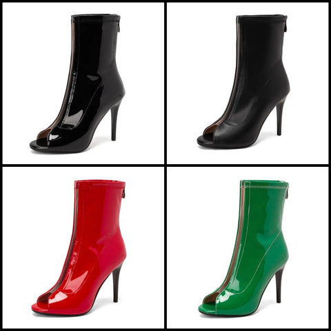 Women Fashion Patent Leather Open Toe High Heel Ankle Boots