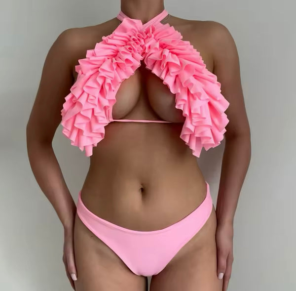 Women Sexy Color Ruffled Halter Bikini Swimsuit
