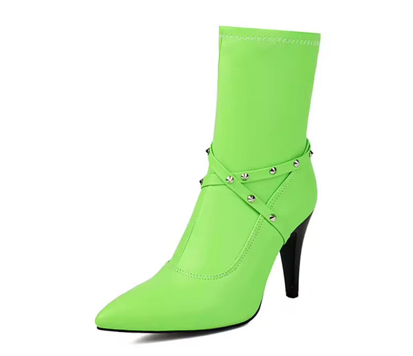 Women Color Pointed Toe Criss-Cross Rivet High Heel Ankle Boots