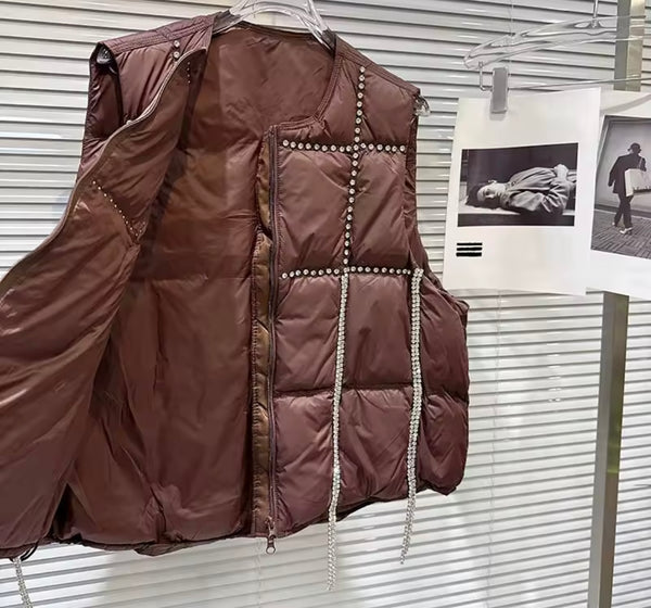 Women Color Rhinestone Tassel Fashion Puff Vest Jacket