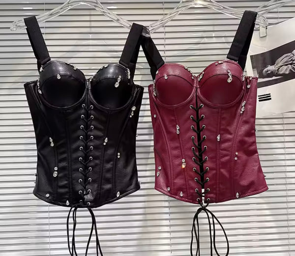 Women Sleeveless Rhinestone Faux Leather Corset Top