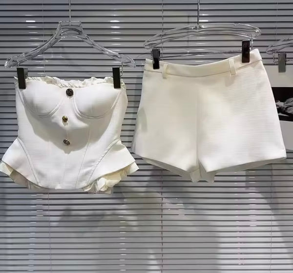 Women Sexy Button Strapless Two Piece Short Set