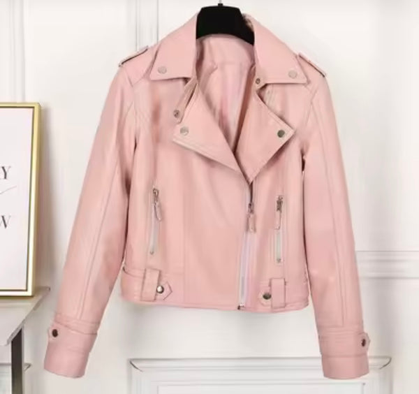 Women Color Zip Up Fashion Faux Leather Jacket