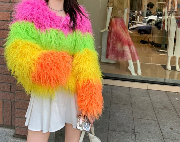 Women Fashion Multicolored Faux Fur Jacket