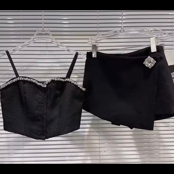 Women Fashion Black Rhinestone Sleeveless Two Piece Wrap Short Set