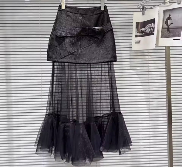 Women Buckled Ruffled Mesh Black Fashion Skirt