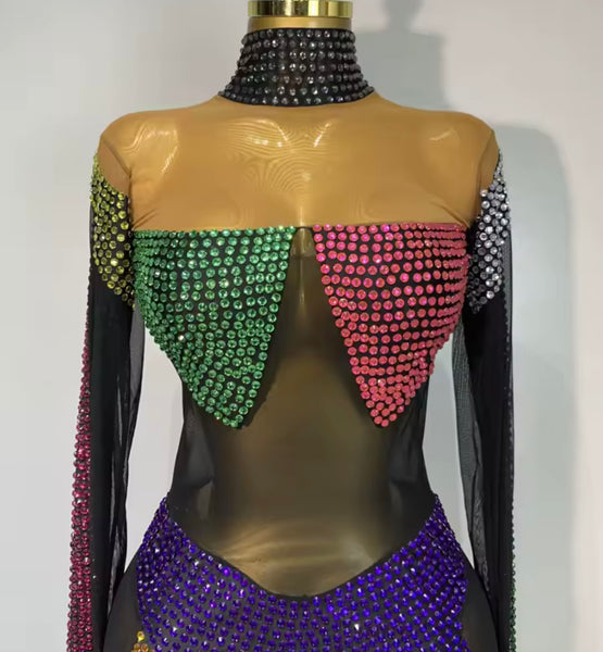 Women Sexy Color Crystal Mesh Full Sleeve Jumpsuit