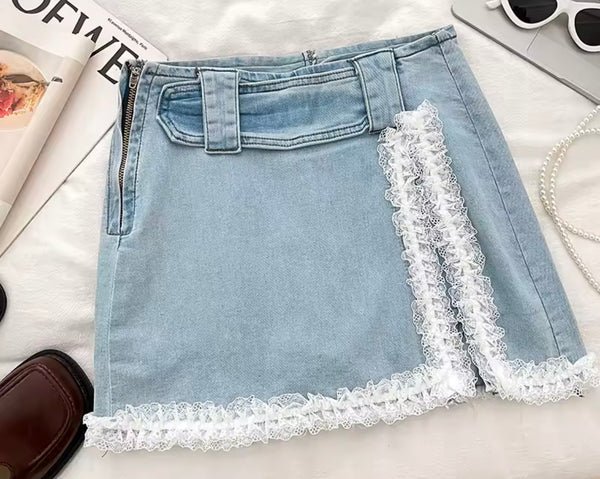 Women Sexy Fashion Lace Patchwork Denim Skirt
