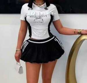 Women Letter Print Short Sleeve Two Piece Striped Skirt Set