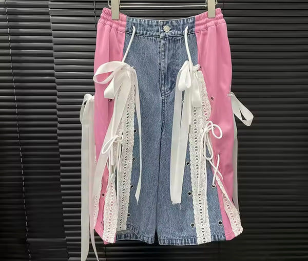 Women Fashion Color Patchwork Lace Tie Up Denim Capri Pants