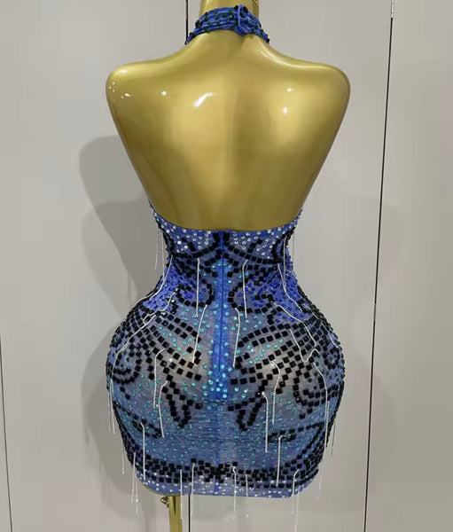 Women Sexy Halter Sleeveless Blue Bling Tassel Mesh Dress