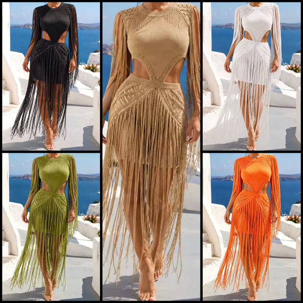 Women Sexy Sleeveless Fringe Tassel Cut Out Dress