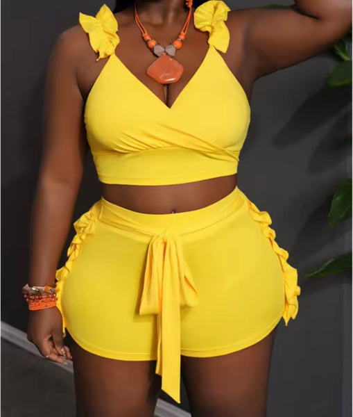 Women Solid Color Sleeveless Ruffled Two Piece Short Set