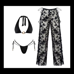Women Sexy Black Halter Bikini Lace Cover Up Set