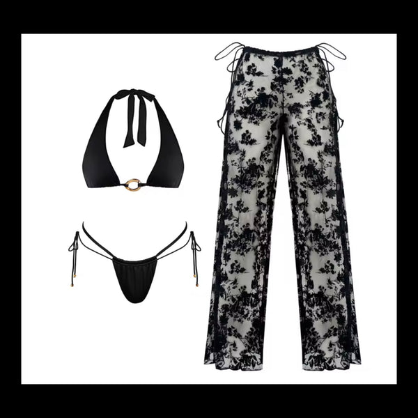Women Sexy Black Halter Bikini Lace Cover Up Set