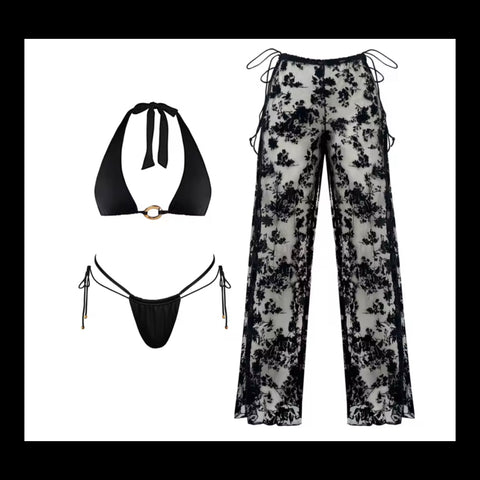 Women Sexy Black Halter Bikini Lace Cover Up Set