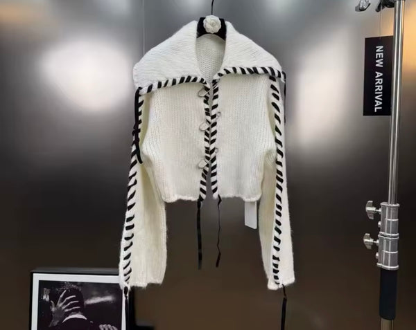 Women Fashion B&W Lace Up Full Sleeve Sweater Top