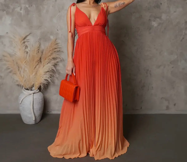 Women Sexy Sleeveless Gradient Pleated Maxi Dress