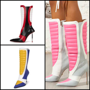 Women Color Patchwork Pointed Toe Faux Leather Ankle Boots