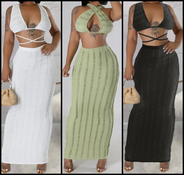 Women Solid Color Sleeveless Sexy Lace Up Crop Two Piece Maxi Skirt Set