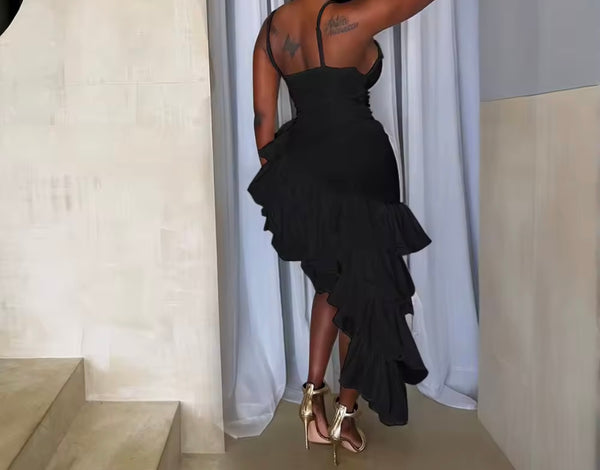 Women Sexy Sleeveless Solid Color Ruffled Asymmetrical Dress
