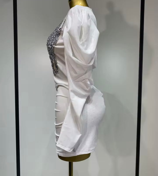 Women Sexy Velour Rhinestone Mesh Full Sleeve Ruched Dress