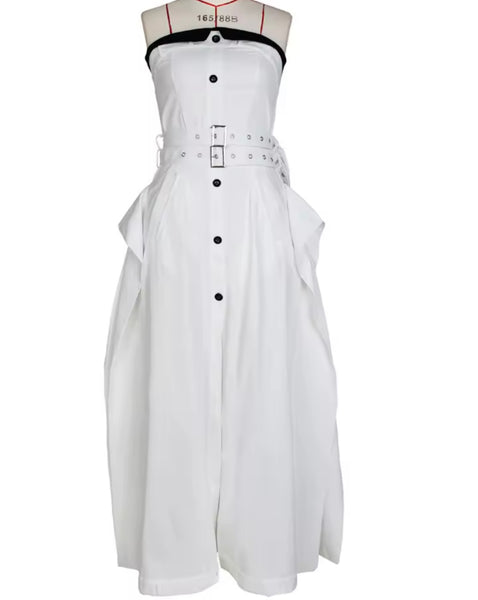 Women Sexy Strapless Button Up Color Patchwork Belted Dress