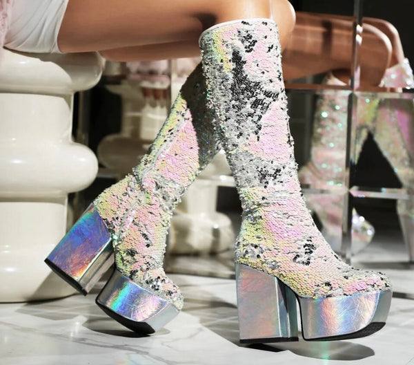 Women Sequins Platform Fashion Knee High Boots