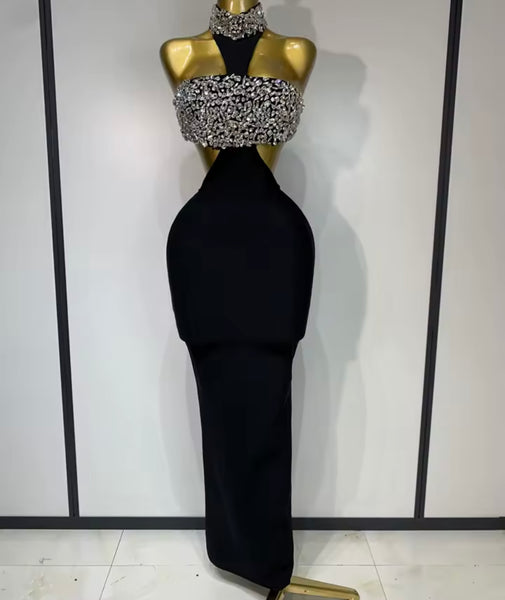 Women Sexy Sleeveless Black Crystal Cut Out Bandaged Maxi Dress