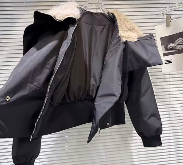 Women Fashion Black Zipper Faux Fur Jacket