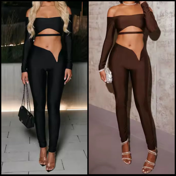 Women Off The Shoulder Cut Out Full Sleeve Crop Two Piece Pant Set