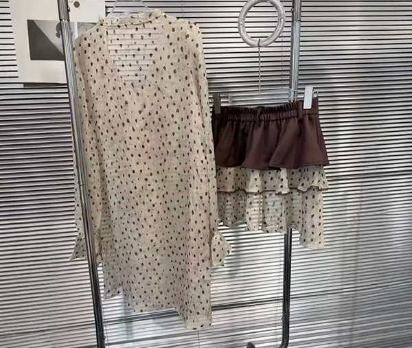 Women Mesh Polka Dot Ruffle Full Sleeve Two Piece Skirt Set