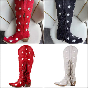 Women Fashion Star Fringe Tassel Knee High Western Boots