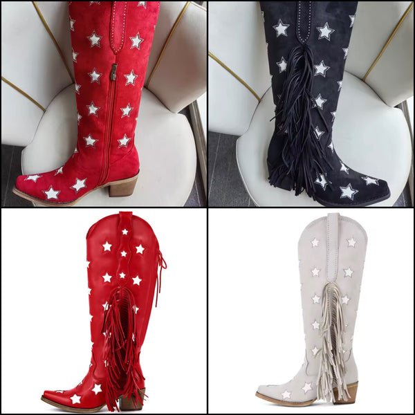 Women Fashion Star Fringe Tassel Knee High Western Boots