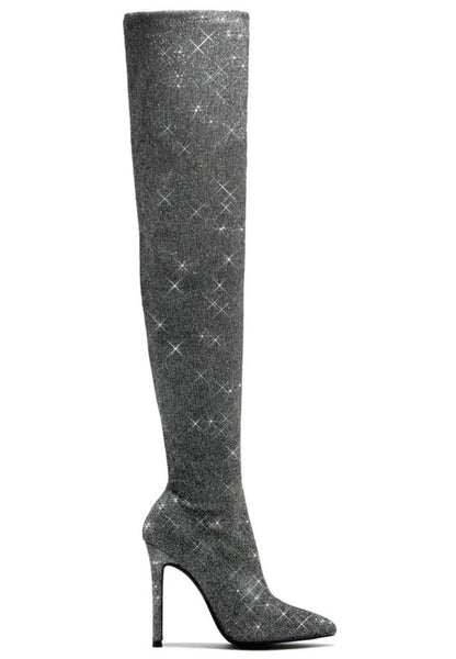 Women Pointed Toe Gray Bling Over The Knee Fashion Boots