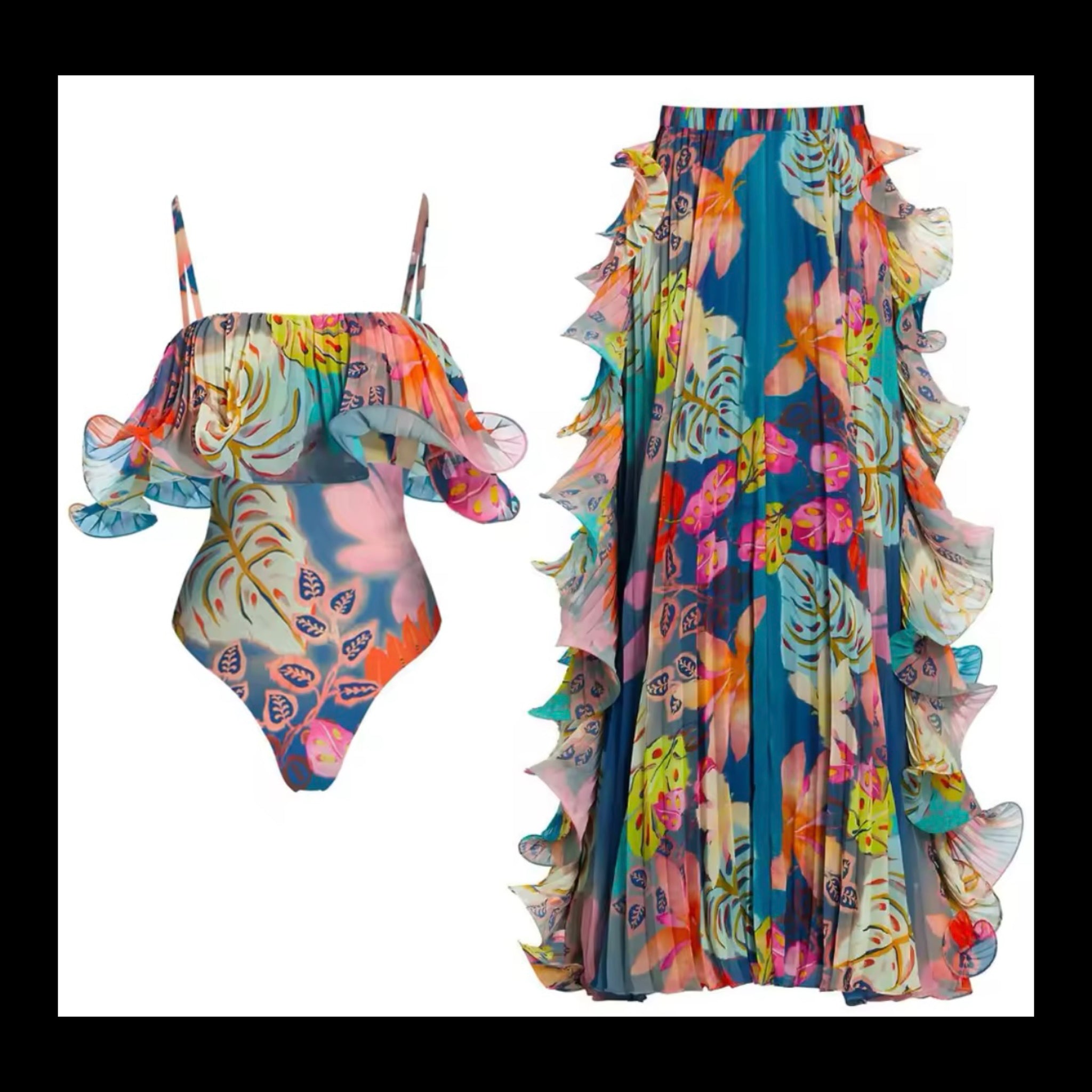 Women Sexy Fashion Multicolored Ruffled Swimsuit Cover Up Set