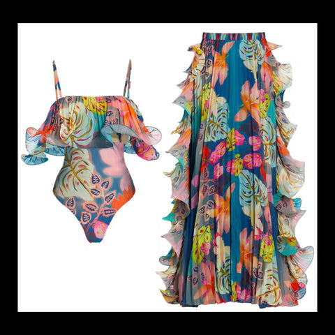 Women Sexy Fashion Multicolored Ruffled Swimsuit Cover Up Set