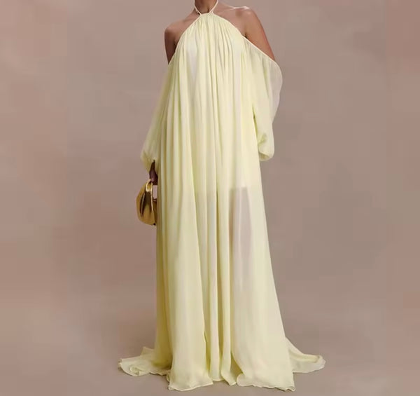 Women Sexy Halter Yellow Chiffon Maxi Dress