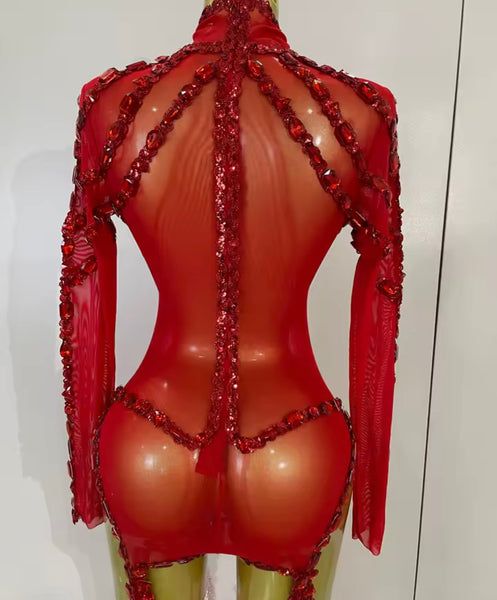 Women Mesh Crystal Full Sleeve Sexy Bodysuit Jumpsuit