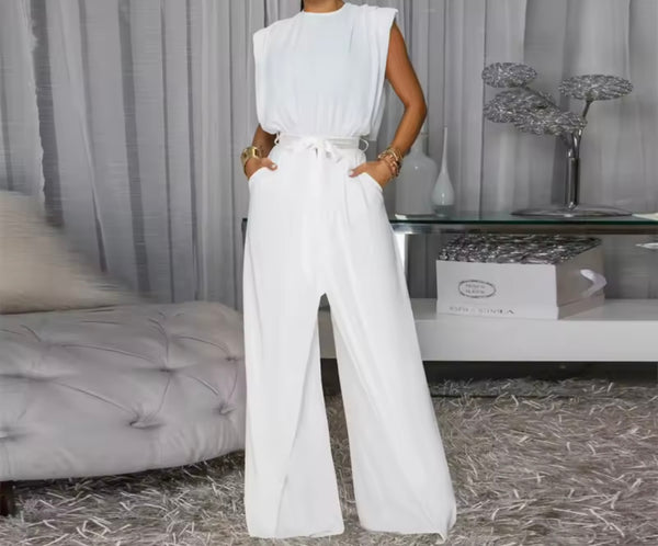 Women Color Sleeveless Fashion Belted Jumpsuit