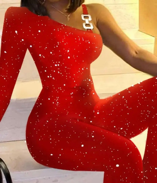 Women Red Sexy One Shoulder Full Sleeve Jumpsuit